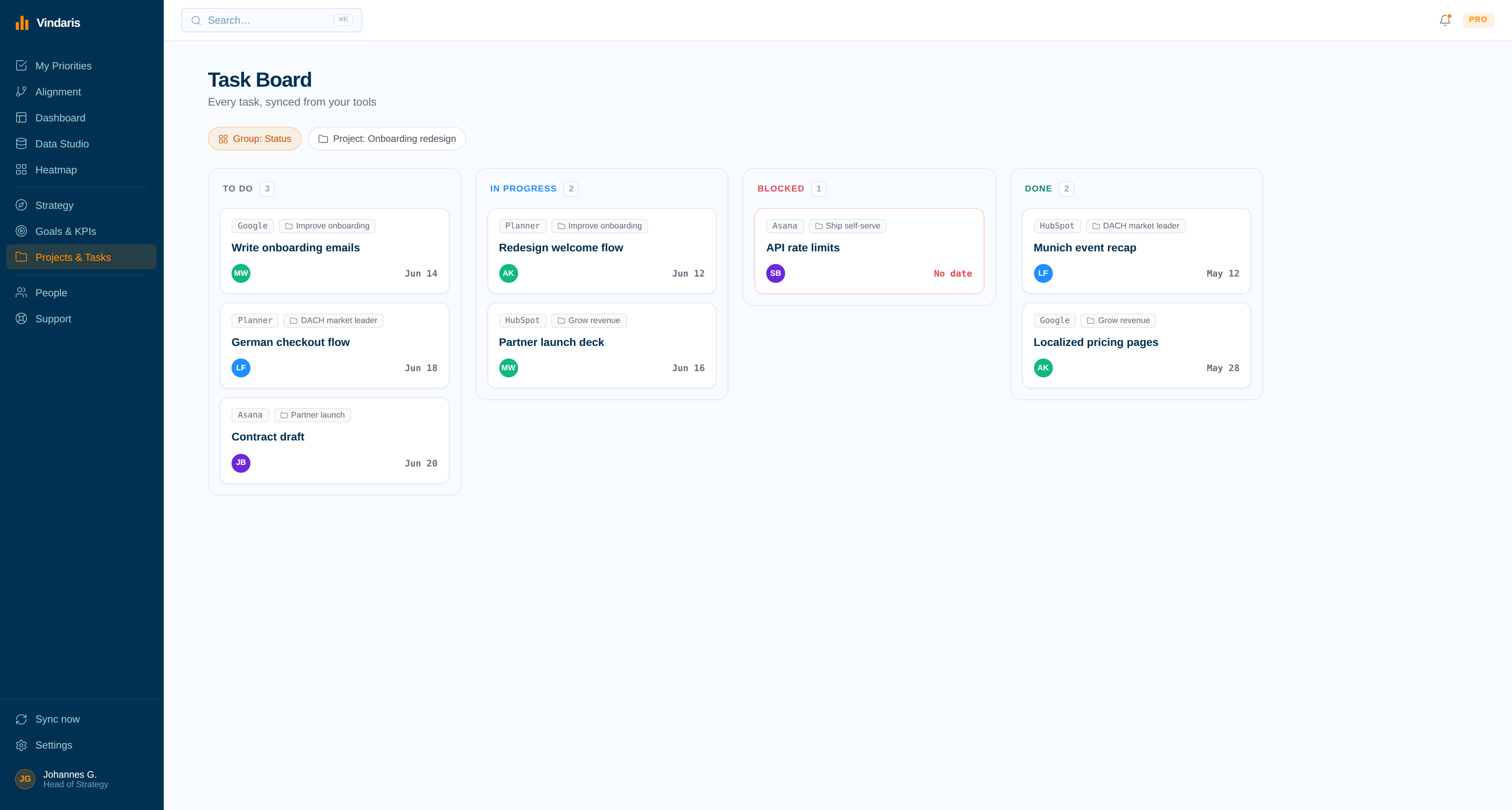 Task Board — tasks and projects synced from HubSpot, Planner, Google Tasks and Asana